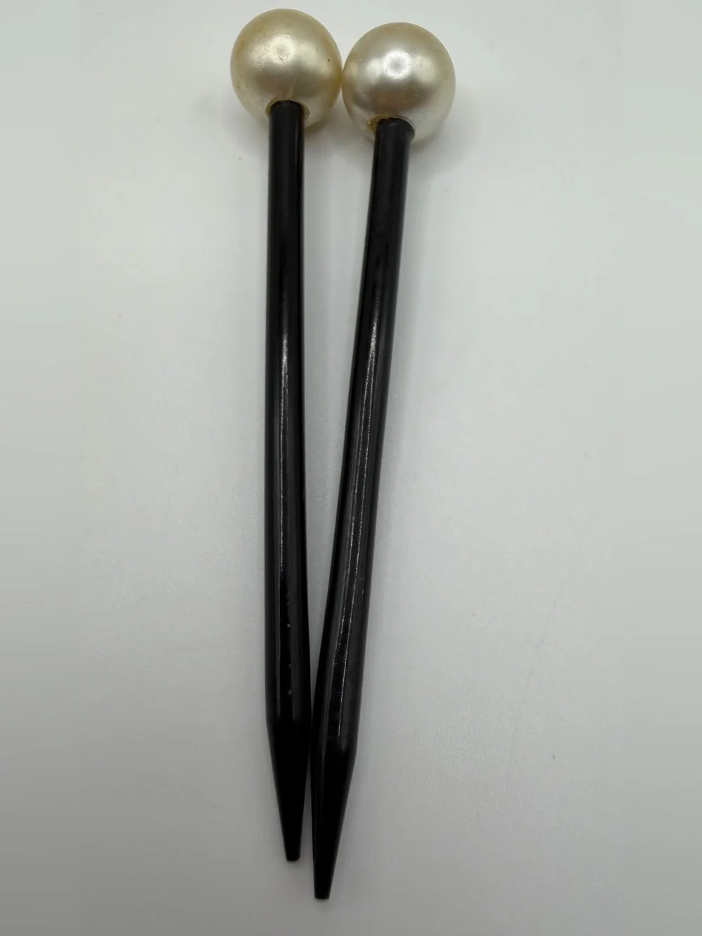 2 Vtg Art Deco Hair Stick French Black Celluloid Faux Pearl Round Top Bun Pin